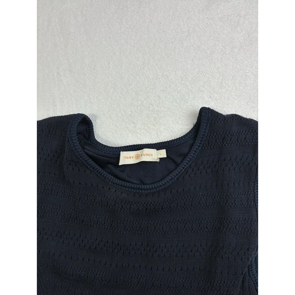 Tory Burch Womens Pointelle Knit Tank Dress Large Navy Blue Midi Quiet Luxury